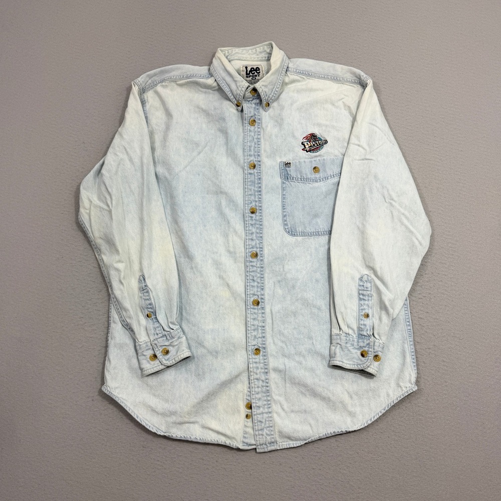 Vintage Lee Sport Denim Shirt Medium Blue Detroit Pistons Long Sleeve Button 90s
